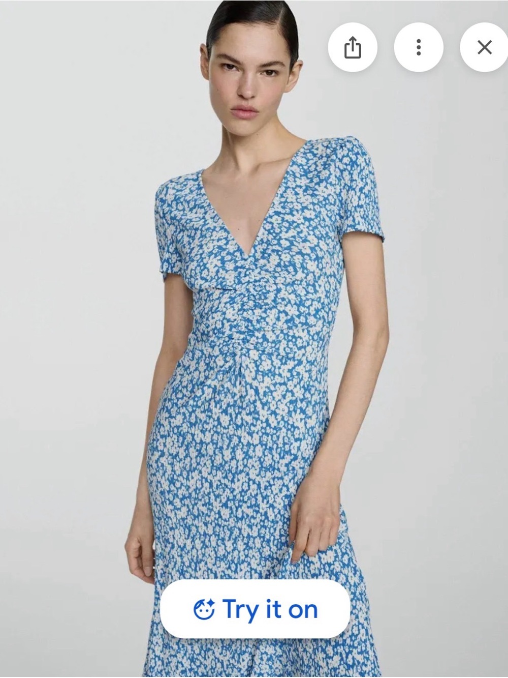 Mango Blue Floral V-Neck Short Sleeve Dress